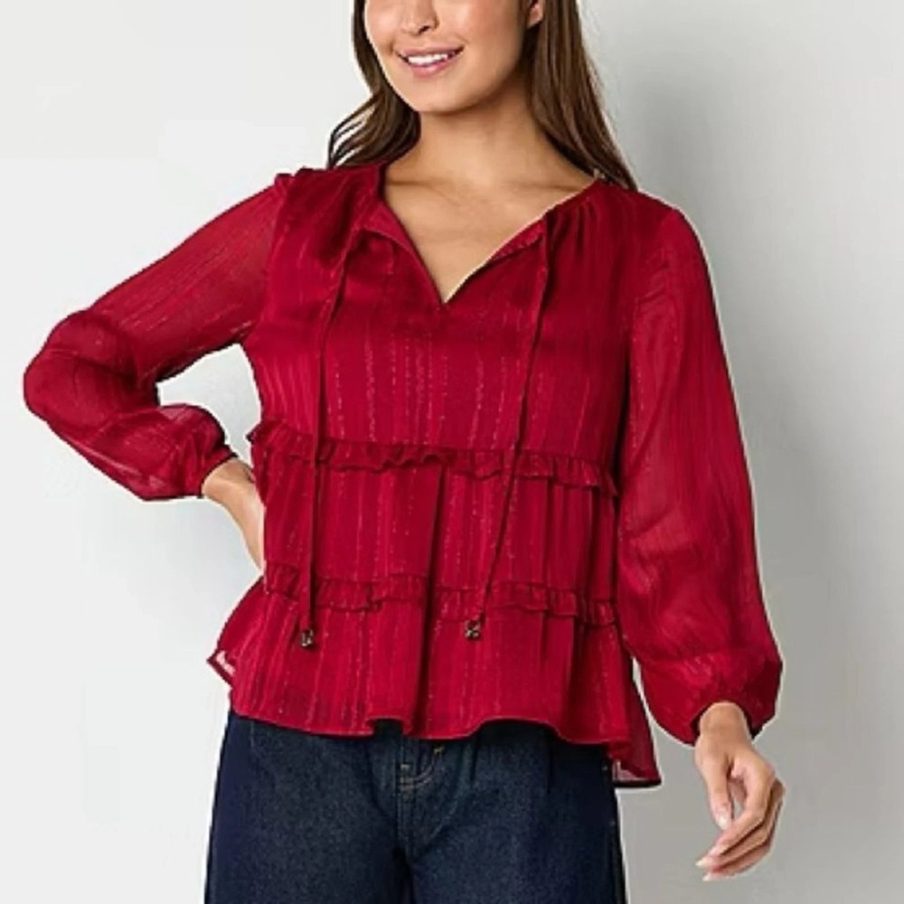 Frye & Co. Women's Sheer Peplum‎ Blouse Size S Rhubarb Red Metallic Stripe NWT